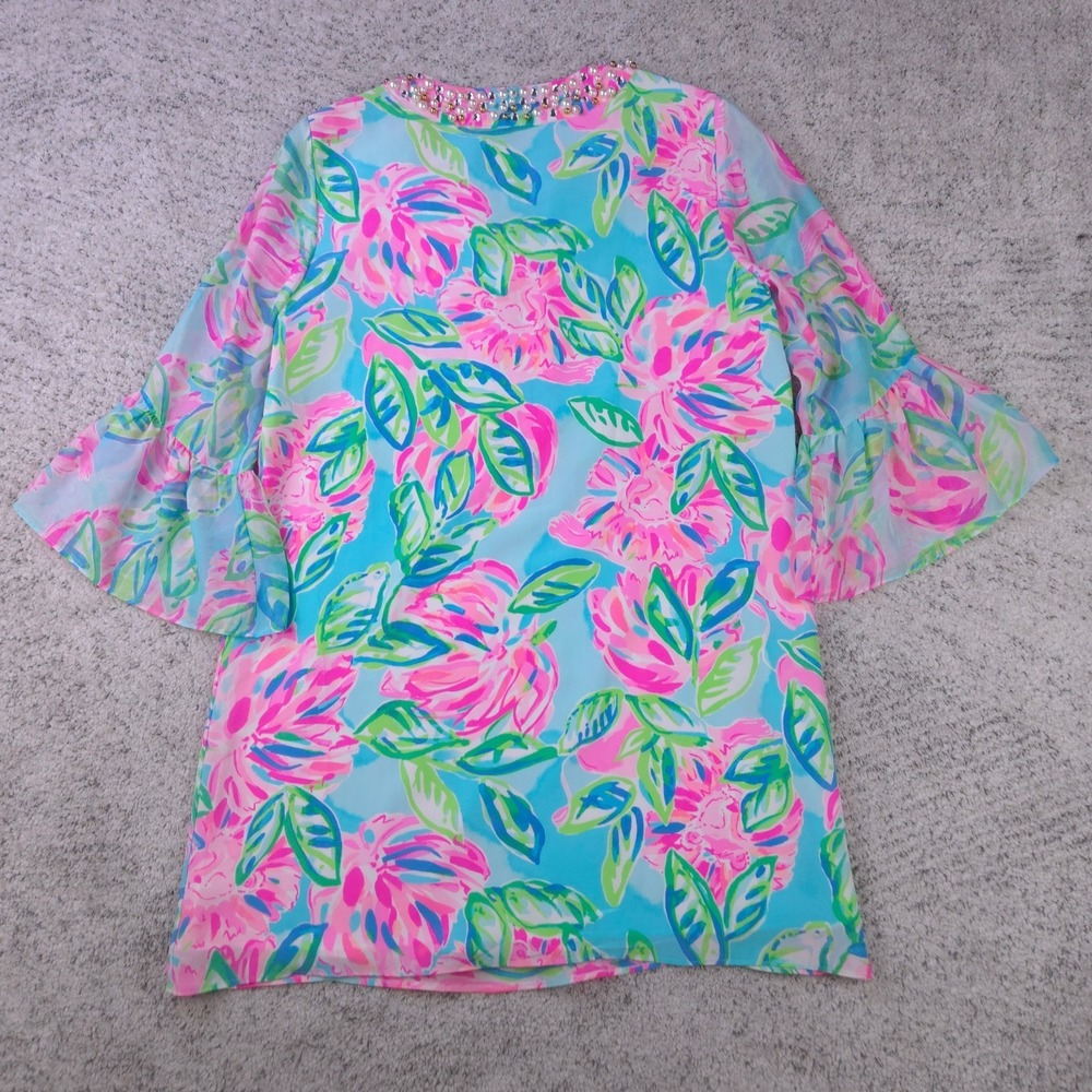 Lily Pulitzer Dress Size Small Elenora Silk Bell Sleeve Beaded Floral Pink Blue - Picture 2 of 9